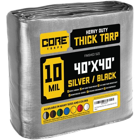 CORE TARPS 40 ft L x 0.5 mm H x 40 ft W Heavy Duty 10 Mil Tarp, Silver/Black, Polyethylene CT-601-40X40